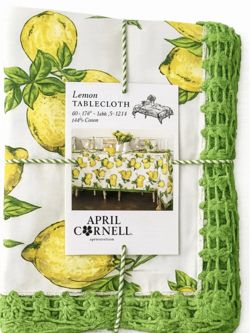 April Cornell Tablecloth 60x120  100% Cotton Lemon Provencal Green Crochet NEW